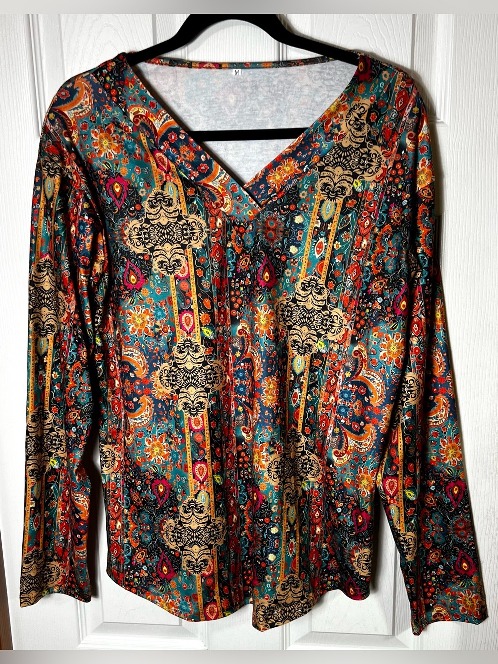 Boho Blouse Top Long Sleeve Bohemian Multicolor Lightweight Size M